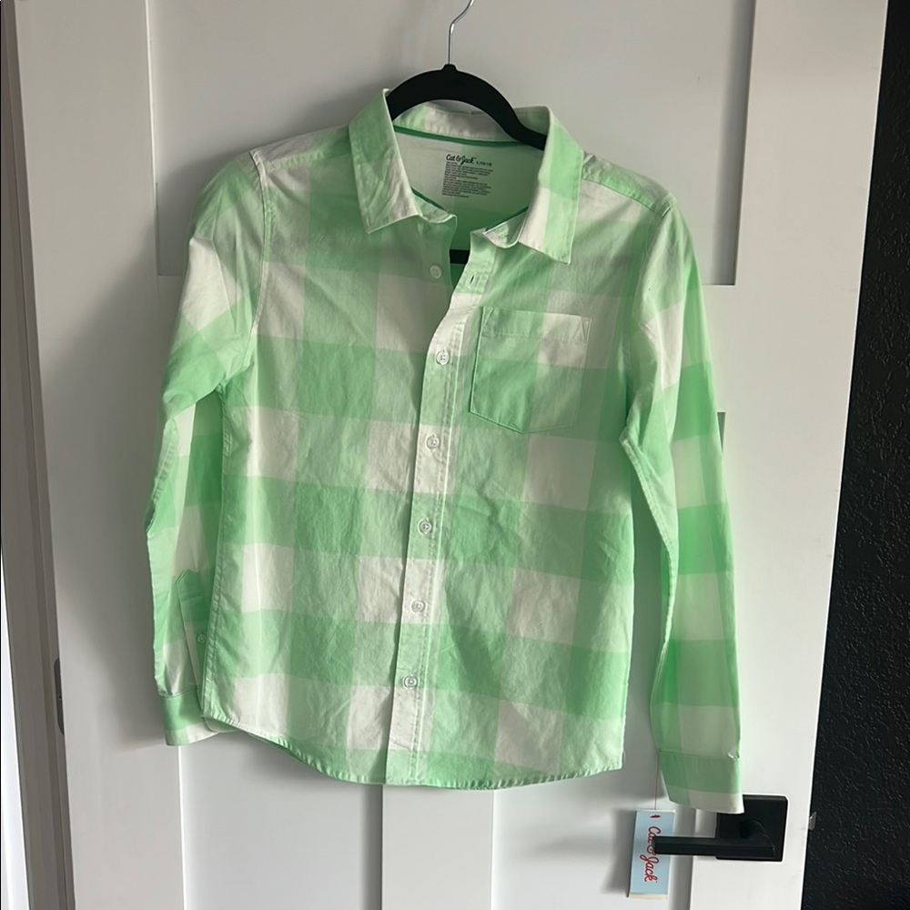 Cat & Jack Green and White Checkered Button-Up Shirt Size Large